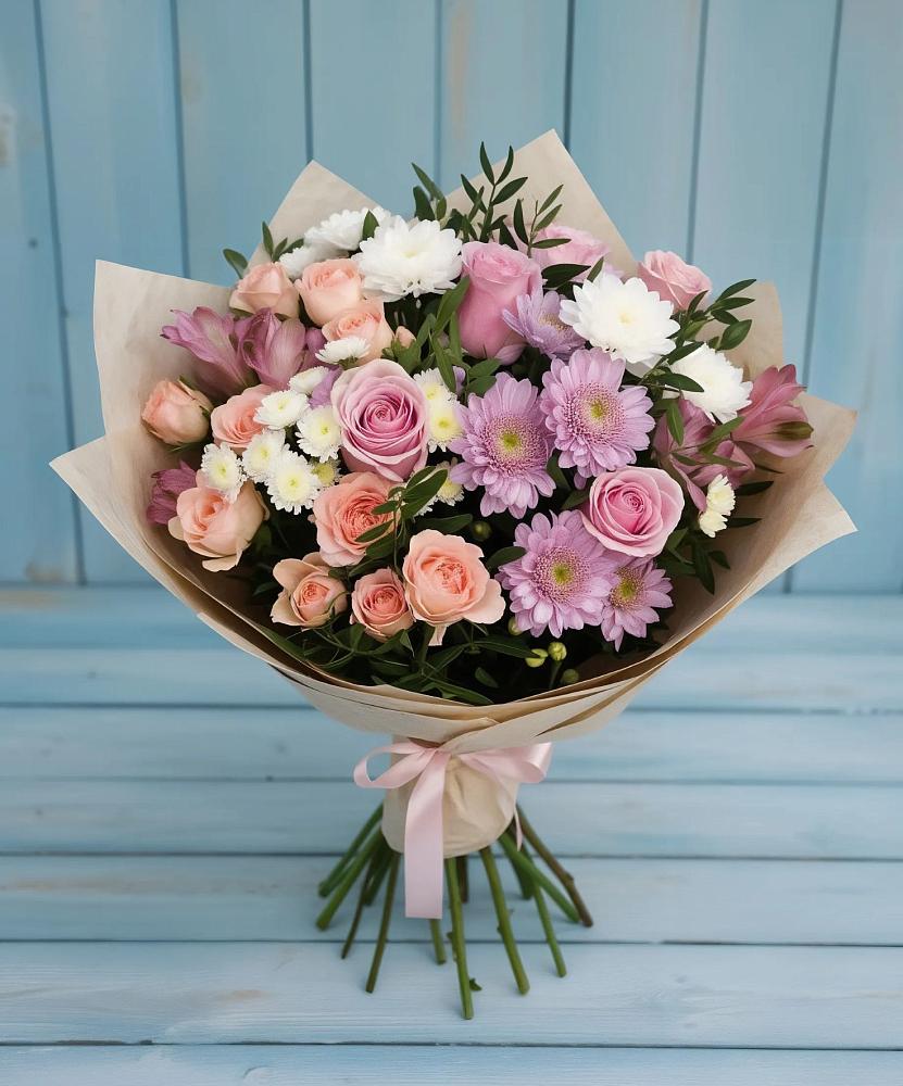 Букет цветов из: Хризантемы, Розы и Альстромерии в Приазовской