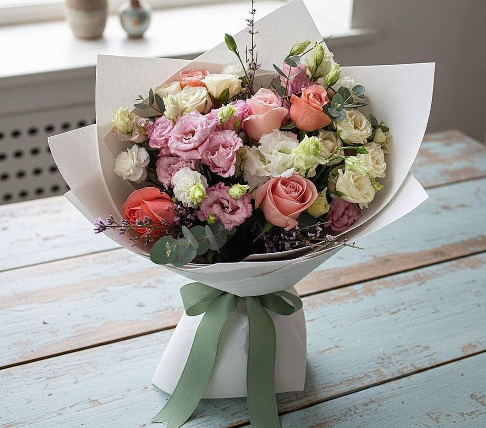 Букет цветов из: Розы, Лизиантусы и Гвоздики в Приазовской