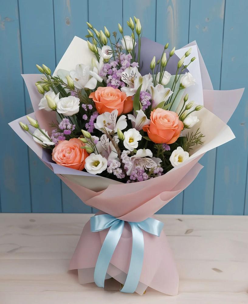 Букет цветов из: Лизиантусы, Розы, Альстромерии и Гипсофила в Приазовской