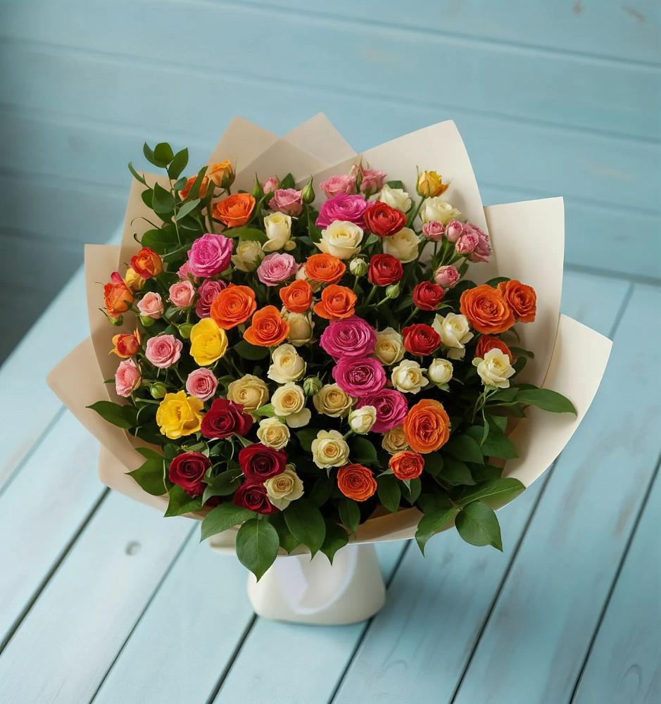 Букет Микс из разноцветных кустовых роз в Приазовской