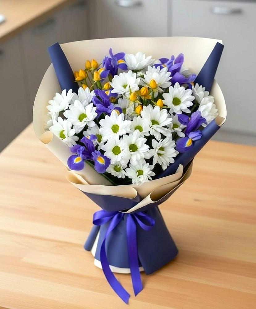 Букет цветов из: Розы, Ирисы и Хризантемы в Приазовской