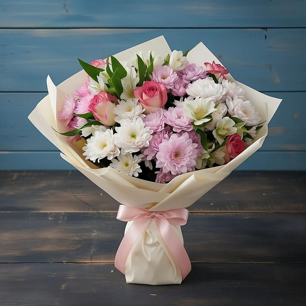 Букет цветов из: Хризантемы, Альстромерии и Розы в Приазовской